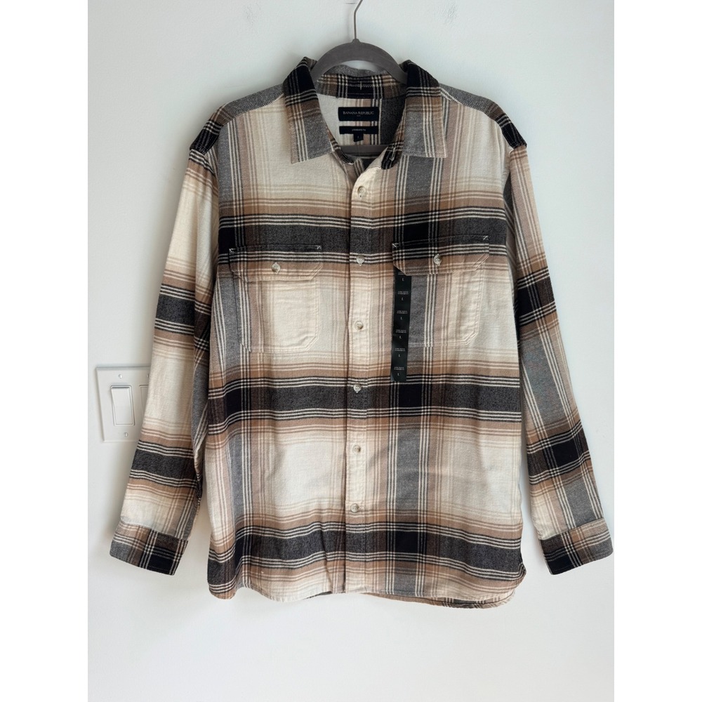 Banana Republic Mens Plaid Flannel Shirt Brown Tan Cotton Standard Fit L NEW